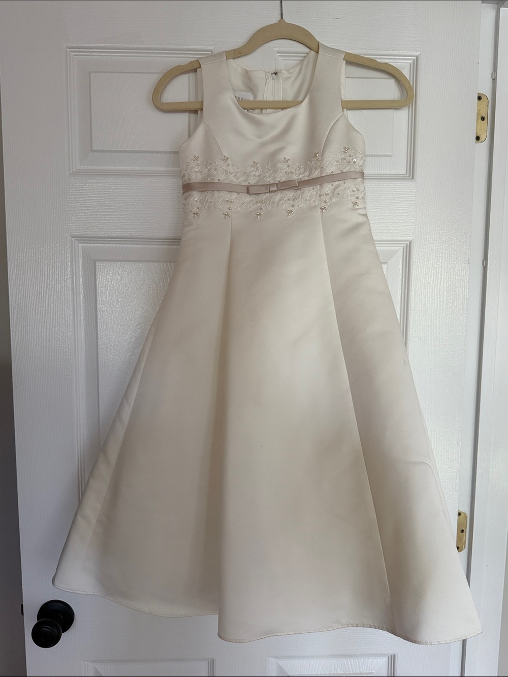 David's Bridal Ivory Girls' Satin Floral Waist Dress